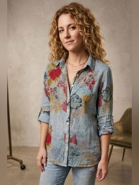 Vintage Goa Boho Floral Roll-Tab Button Down Tunic Shirt - Large